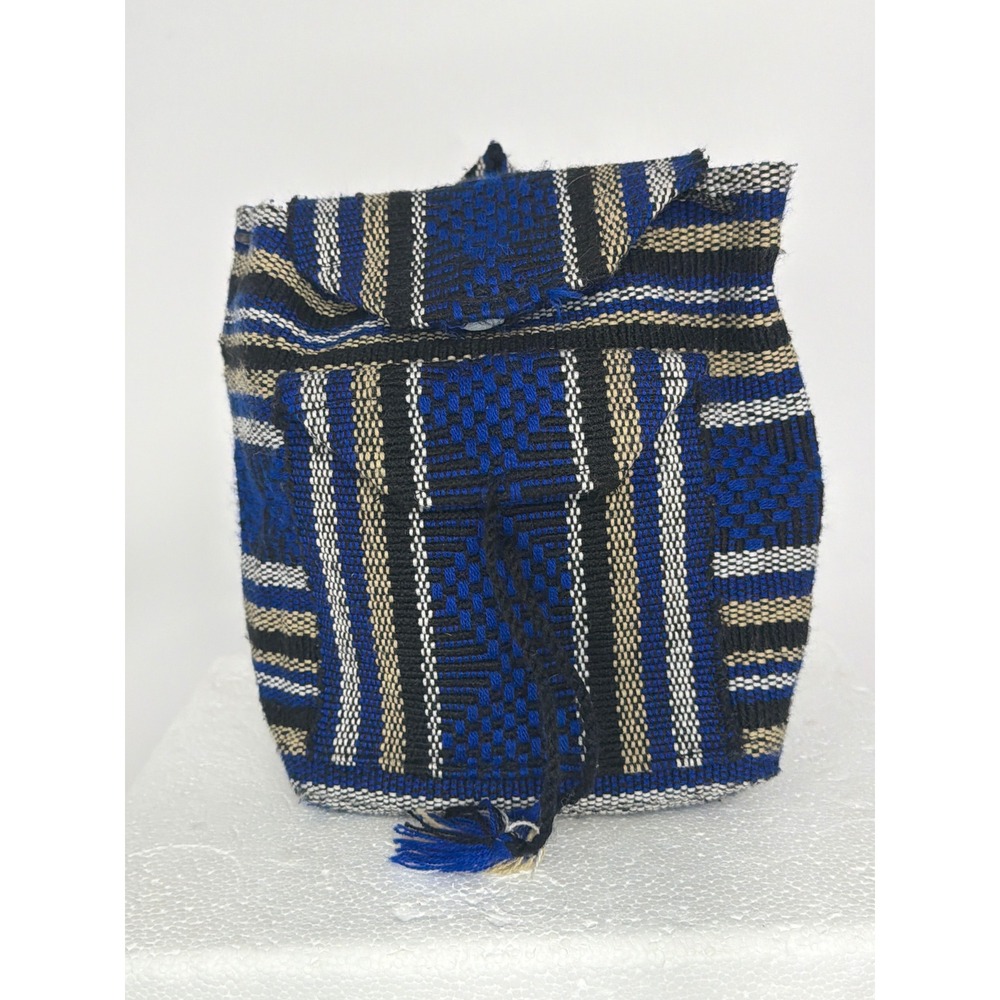 Handmade Woven Mini Backpack Blue Black Striped Boho Festival Rucksack Toggle